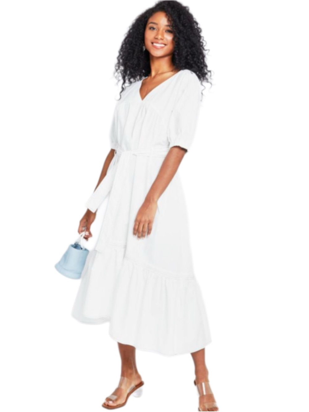 CAARA Oversized White Lombardy Cotton Puff Sleeve Tie Waist Midi Dress Size XS-M